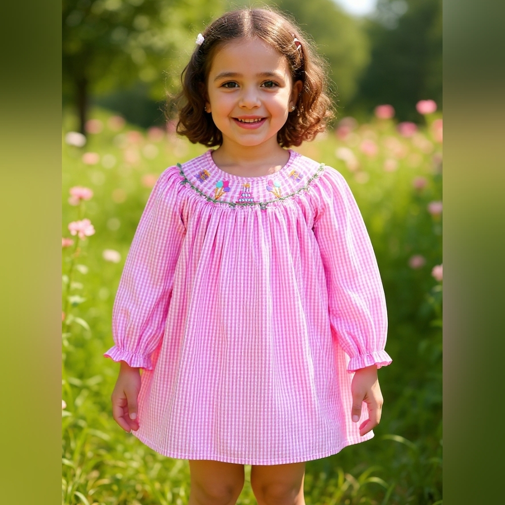 Girls' Pink Gingham Smocked Long-Sleeve Dress - BNWT